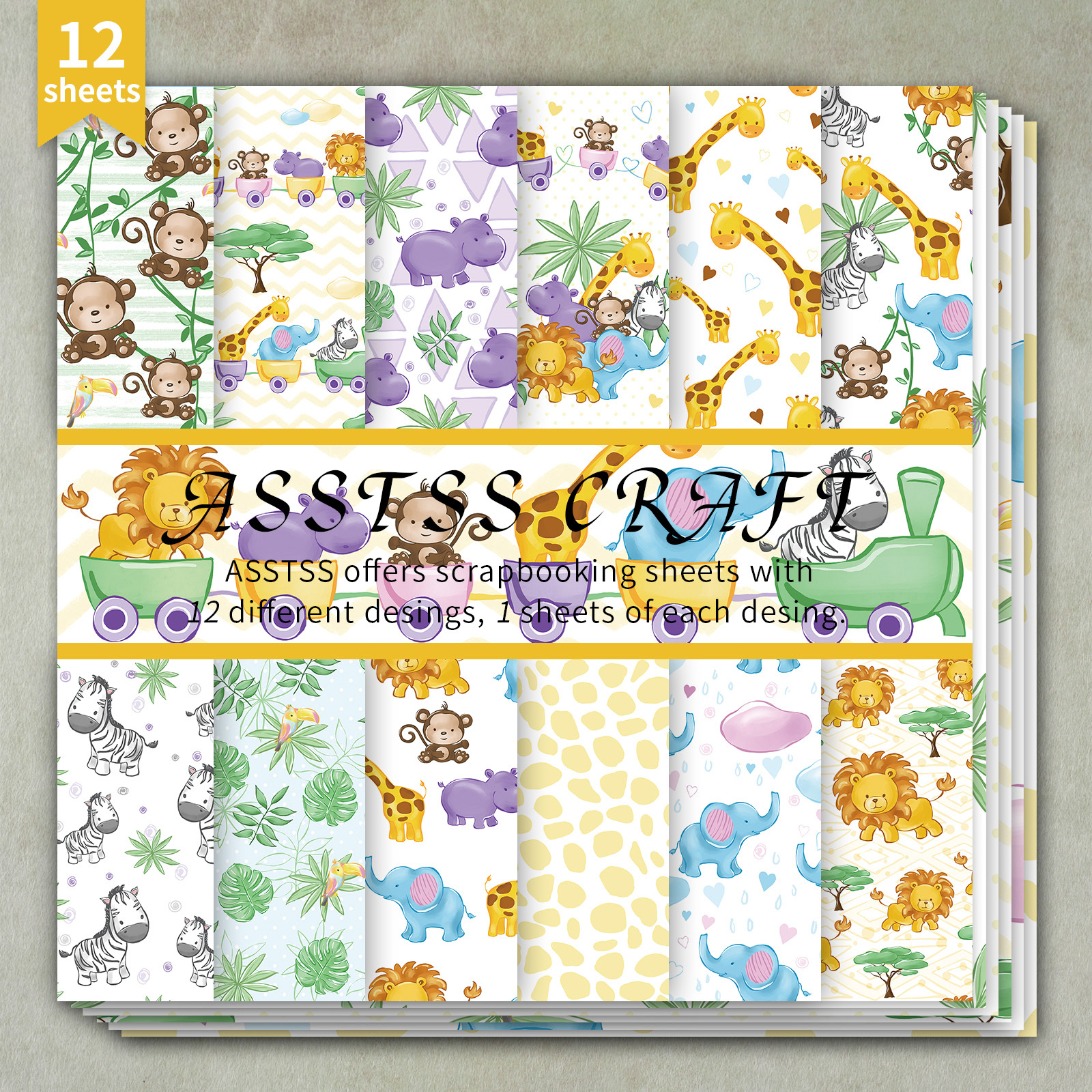 TEMU 12-sheet Asstss 6*6-inch Scrapbooking Paper Pad Featuring Jungle Animals Like , , Monkeys, Giraffes, , And Elephants, Baby Showers. This