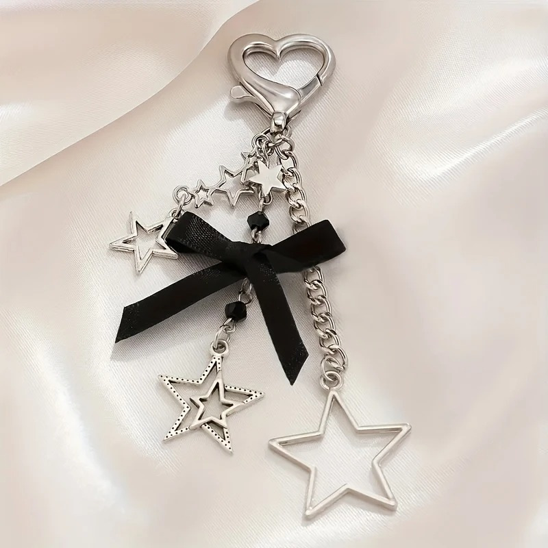 E-shop Schwarze Schleife und Stern Charms, silberfarbene Textur, Aluminiumlegierung, für Handy, Schlüsselanhänger, Liebesstern, Kamera,
