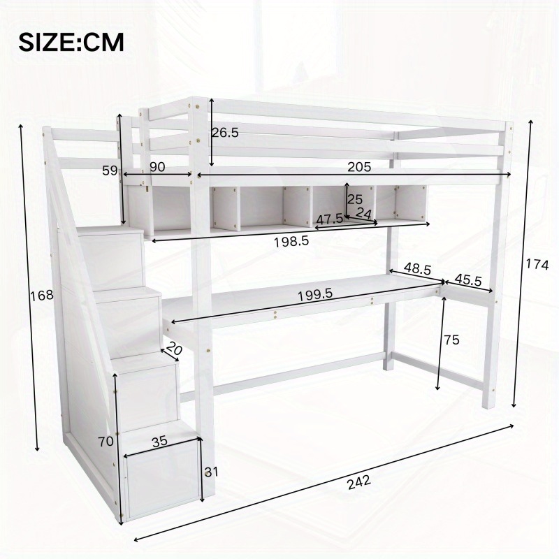 Wooden Bunk Bed 90190cm Loft Bed with Storage Stairs Made of Pine Wood Bed with Large Desk and Sheets with Slatted Frame White