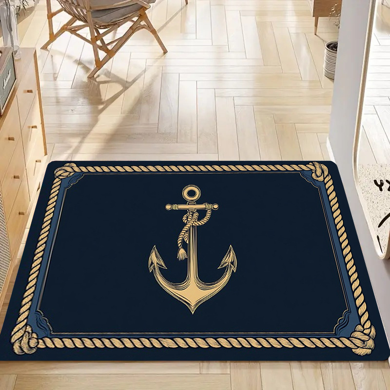 E-shop 1 Stück Nautischer Anker-Eintrittsmatte - Rutschfeste Matte mit Marineblau & Goldener Akzent, Maschinenwaschbar für Innen/Außen, Terrasse,