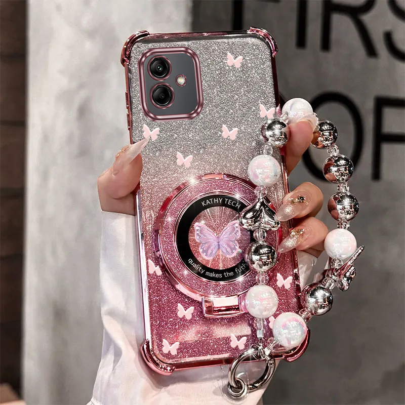 TEMU Phone Case - Magnetic Glitter Phone Case With Pearl Wrist Strap Designed For Galaxy A05, Featuring Anti-knock And Shockproof Along With A Stand