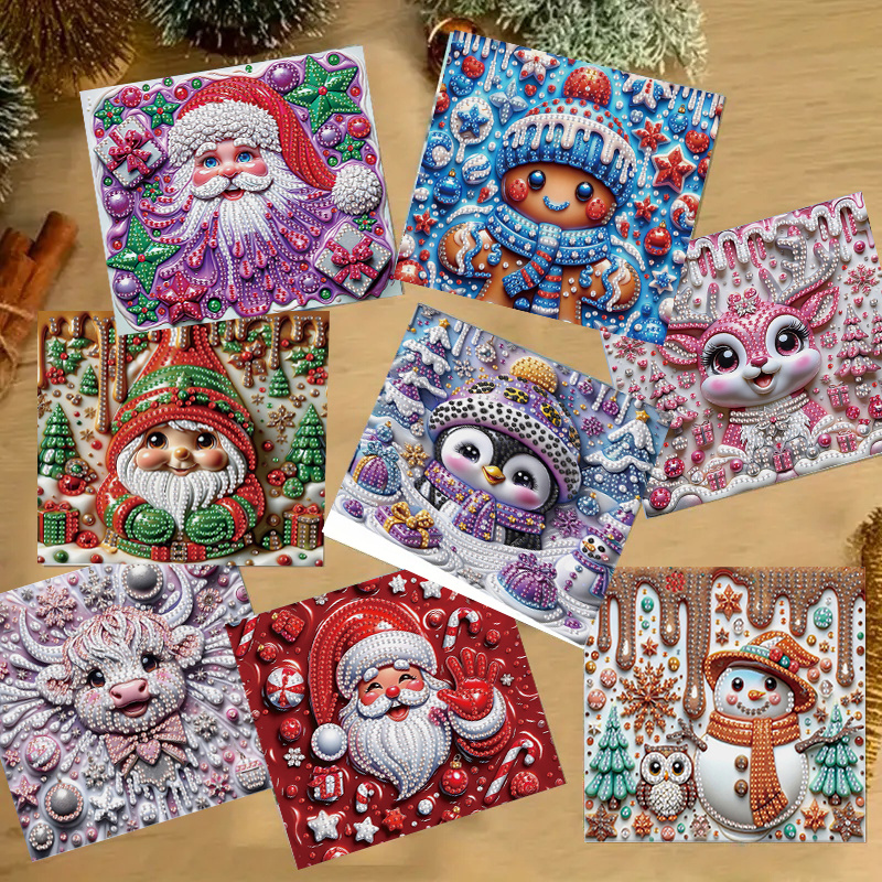 TEMU Set van 8 stuks: 8 Painting-kaarten met 8 enveloppen en 8 inlegvellen, Kerstman en Kerstsneeuwpop wenskaartcombinatie, Kristallen mozaïek kunst