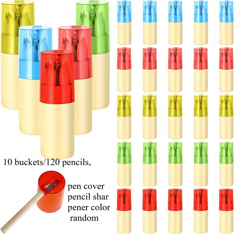 Image of 10 Buckets/ 120 Mini Colored Pencils, Portable Buckets, Random Color Built-in Pencil Sharpener, Suitable For Schools, Artists To Write, Draw, Sketch, Color, Etc., Classroom Party Stationery Gifts