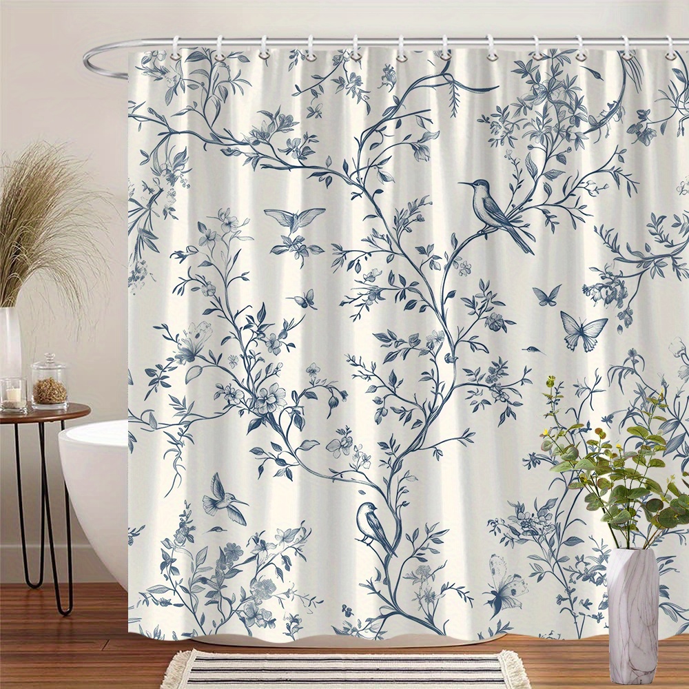 TEMU 1pc Vintage Botanical Shower Curtain With Intricate Blue Branches & Birds Design - 70x70 Inch Polyester Bathroom Decor, 12 Hooks Included,
