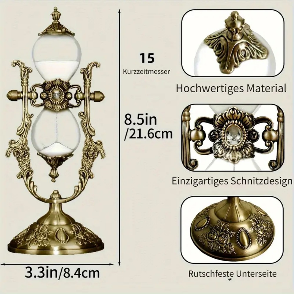 2d Flat, Vintage Hourglass, Home Decoration Piece, 8.5*3.3in, 360° Rotating Hourglass With Stand Relief Pattern, High-end Decoration Piece, 15-minute Timing Function.