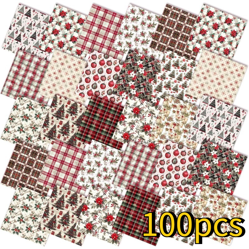 TEMU A Set Of 100pcs Measuring 10*10cm (3.9*3.9in) From The Christmas Series, Featuring Printed Hand-pieced Fabric And Strips For Crafts. This