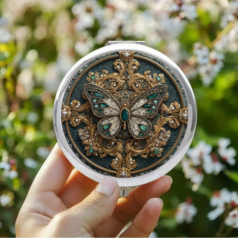 TEMU 1 Stück 2D Flacher Vintage Schminkspiegel mit detailliertem Schmetterlingsmotiv, verziert mit grünen Edelsteinen goldenen Akzenten auf