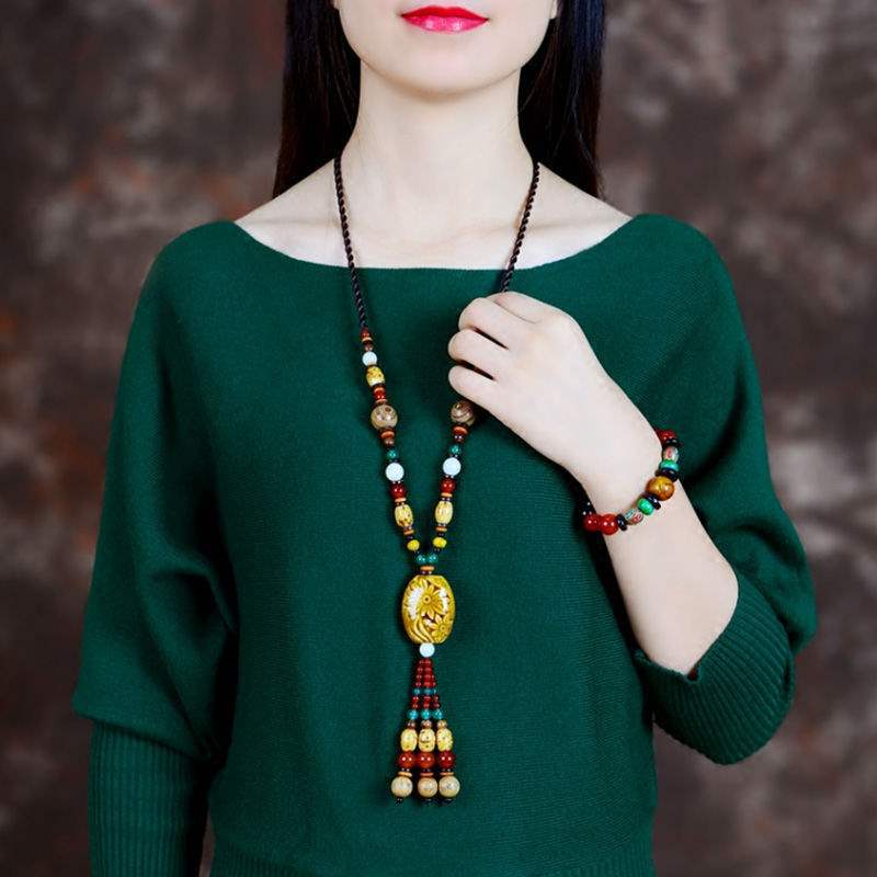 Ethnic Style Long Sweater Chain Necklace with Ceramic Tassel