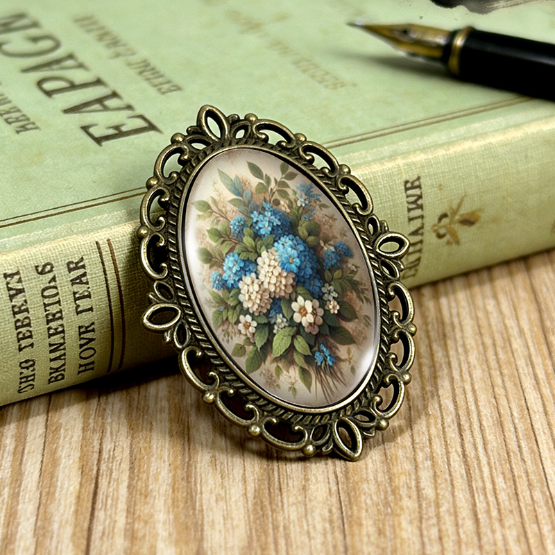 TEMU 1pc Broche Florale Vintage Hortensia Ovale Bordure Dentelle en Verre Broches Vêtements Sac à Dos Accessoire Cadeau Idéal