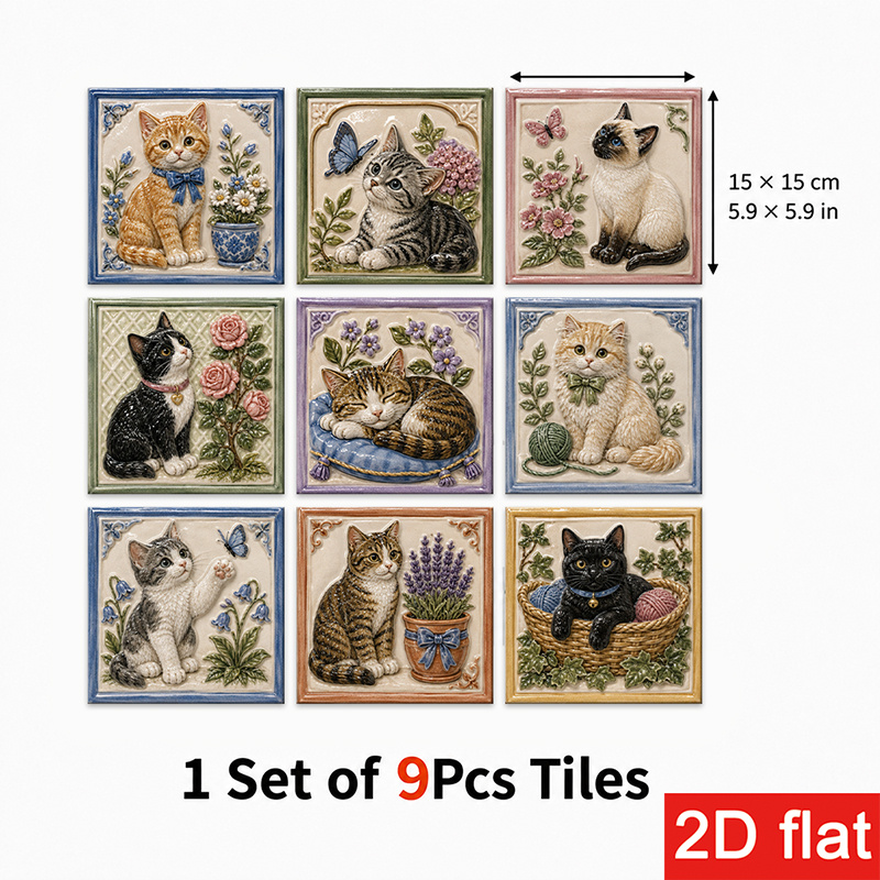 TEMU Autocollants de carreaux d'ardoise 2D plats 9 pièces 15x15cm (5.9x5.9in) Vintage : Carreaux muraux et coller avec de charmants de chat et de