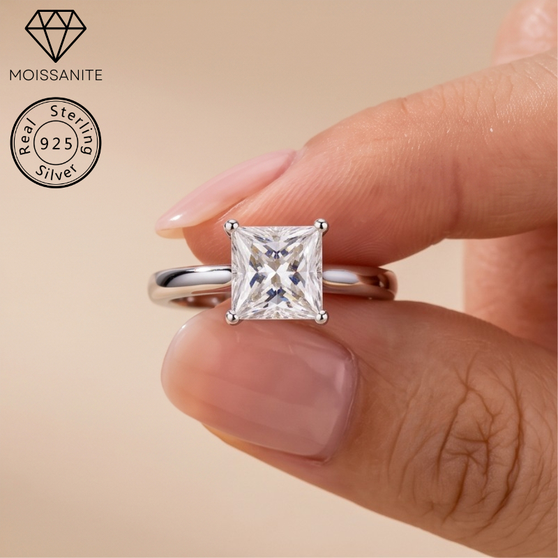 1pc 1.0 Carat 925 Silver Elegant Princess Cut Moissanite Ring