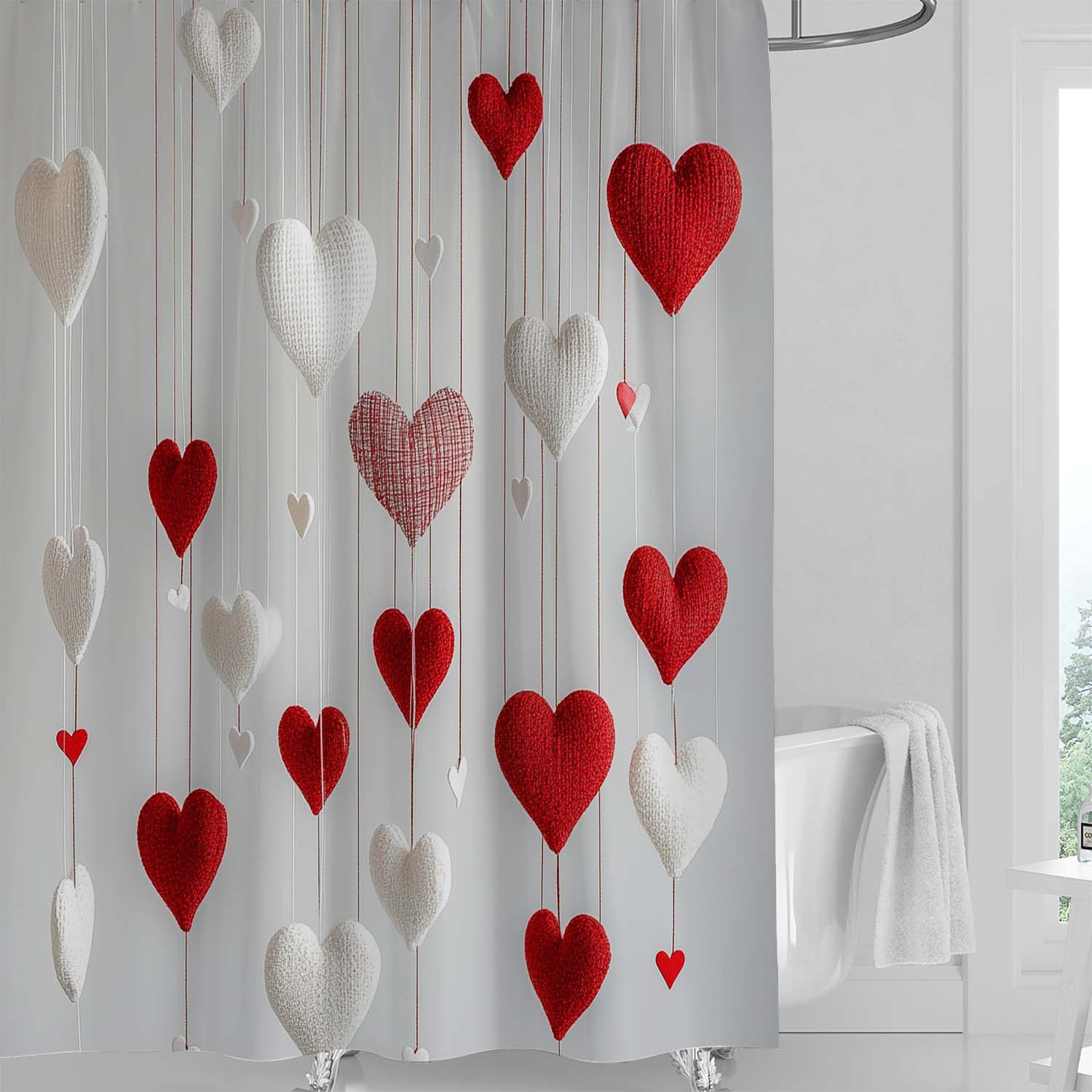 

1pc Vintage Valentine's Day Heart Print Waterproof Shower Curtain With 12 Hooks, Polyester Woven, Machine Washable, Water-resistant, Arts Theme Bathroom Decor