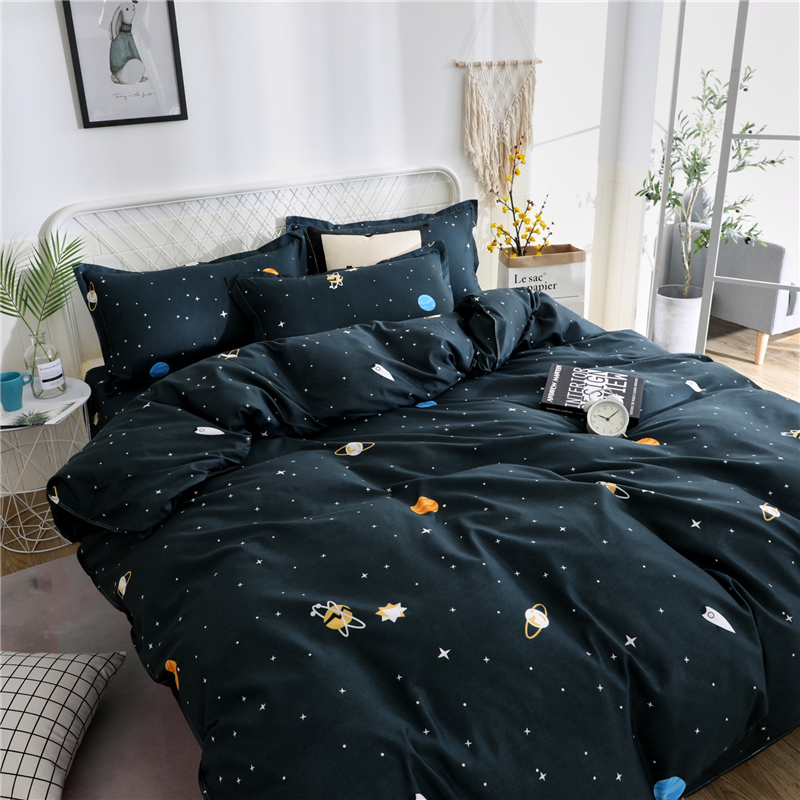 4pcs Set: Multi-Colored Planets + White Galaxy Stars Starry Sky Pattern, Modern Style Bedding (1 Duvet Cover + 1 Flat Sheet + 2 Pillowcases), Soft and Machine Washable Synthetic Fiber Fabric, Suitable for All Seasons, Does Not Include Comforter