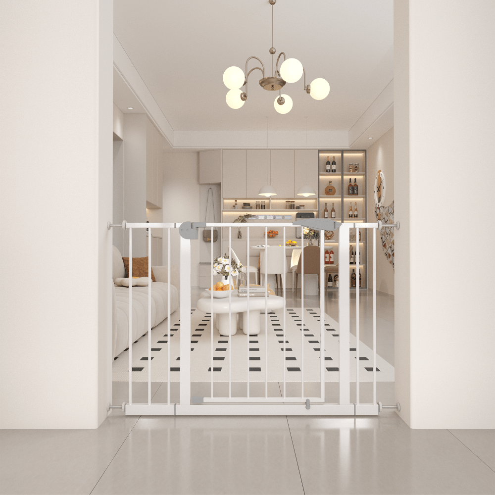 29.5-44.1 Inch Wide White Pressure-Mounted Walk-Through Safety Gate for Stairs and Doorways with Double Lock Security Barrier
