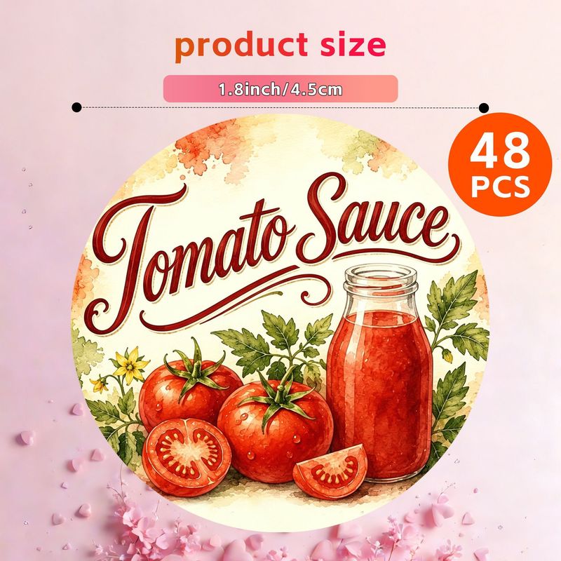 TEMU 48/96pcs Étiquettes Rondes 2D Sauce Tomate, Autocollants Aquarelle pour Bouteille de Sauce Tomate, Étiquettes Artistiques Rondes pour Confitures