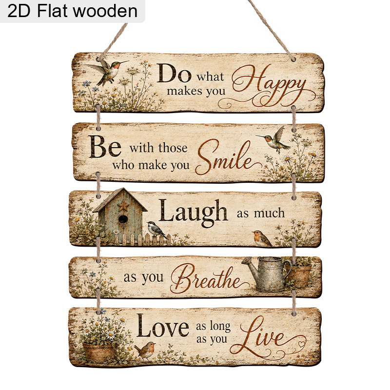 TEMU 2d Flat, 5 Panels Do Happy Wooden Hanging Sign, Vintage Hummingbird Birdhouse Inspirational Quote Home Wall Decor Plaque, Rustic Room Bedroom