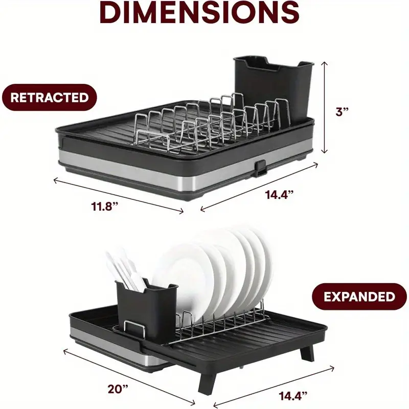 heavy duty expandable dish drying rack space saving adjustable kitchen organizer extra wide dish rack expands from 11 8 to 20 wide rust resistant aluminum for plates pots utensils compact storage black kitchen dish drying rack utensil holder durable construction apartment living sturdy construction home cooks Product details 2