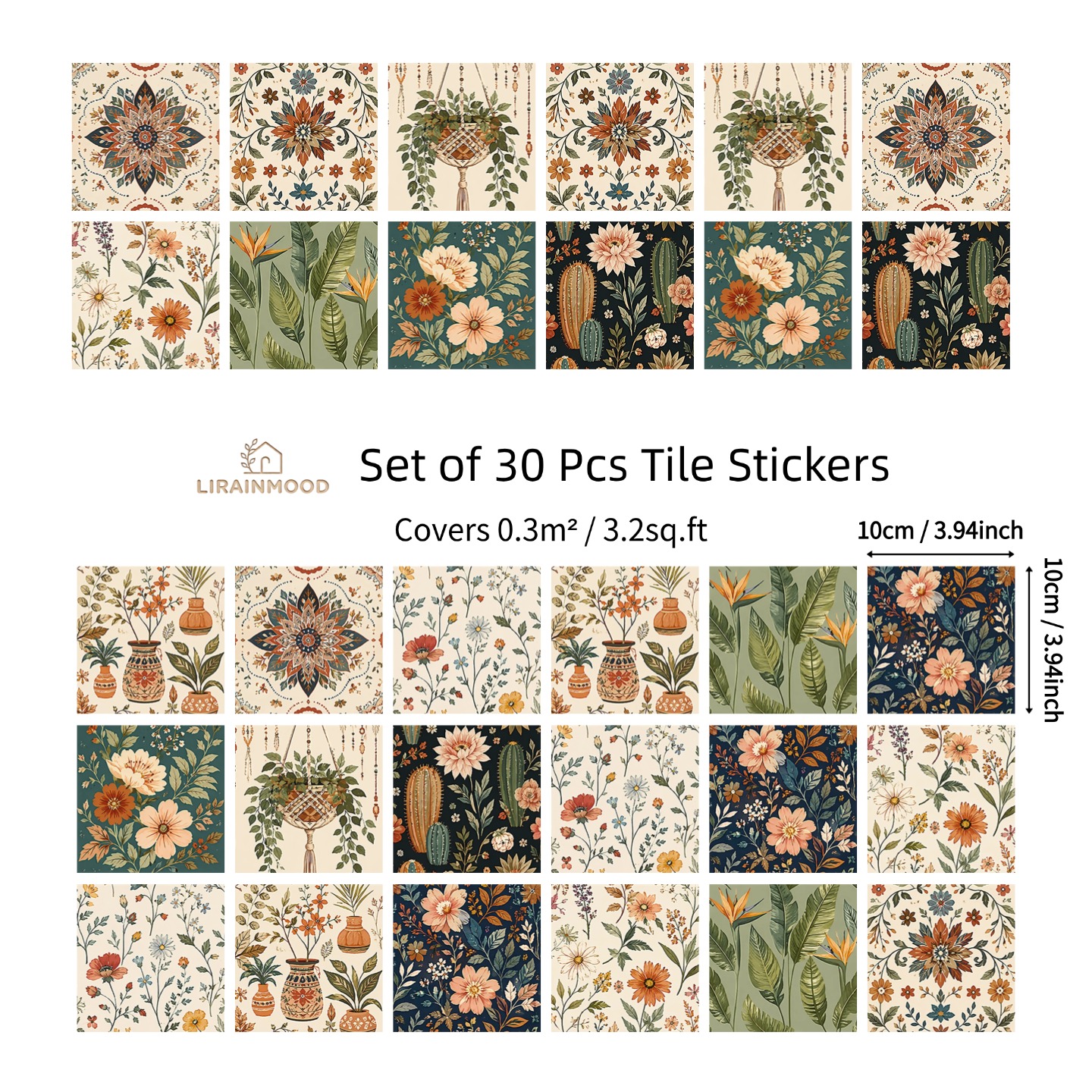 TEMU Lirainmood 10x10cm Peel And Stick Backsplash Tiles, Vintage Botanical Pvc Tile Decals, Waterproof Textured Stickers Kitchen Bathroom Decor