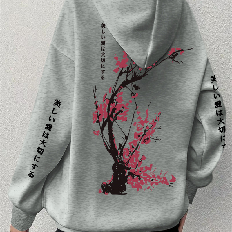 

1pc Women's Plus Size Comfortable Floral Cherry Blossom Print Hoodie - Soft Casual Long Sleeve With Pockets, Polyester Pullover With Stretch