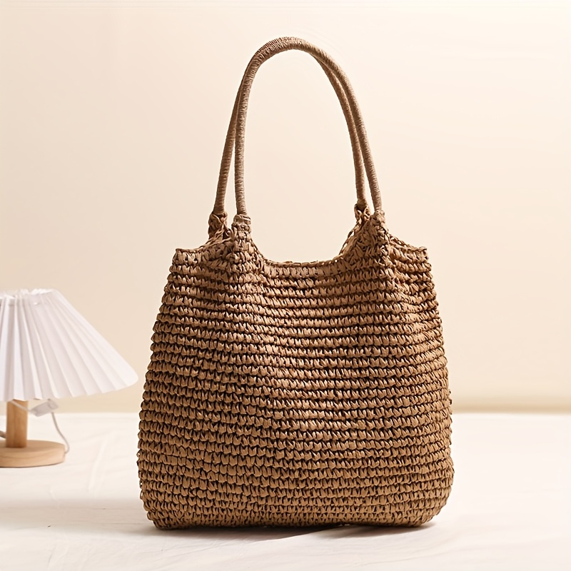 TEMU Spacious Straw Tote For Women | Trendy Woven Beach Bag Perfect For Casual Vacations, Stylish Shoulder Bag, And Outdoor Camping Or Shopping Storage