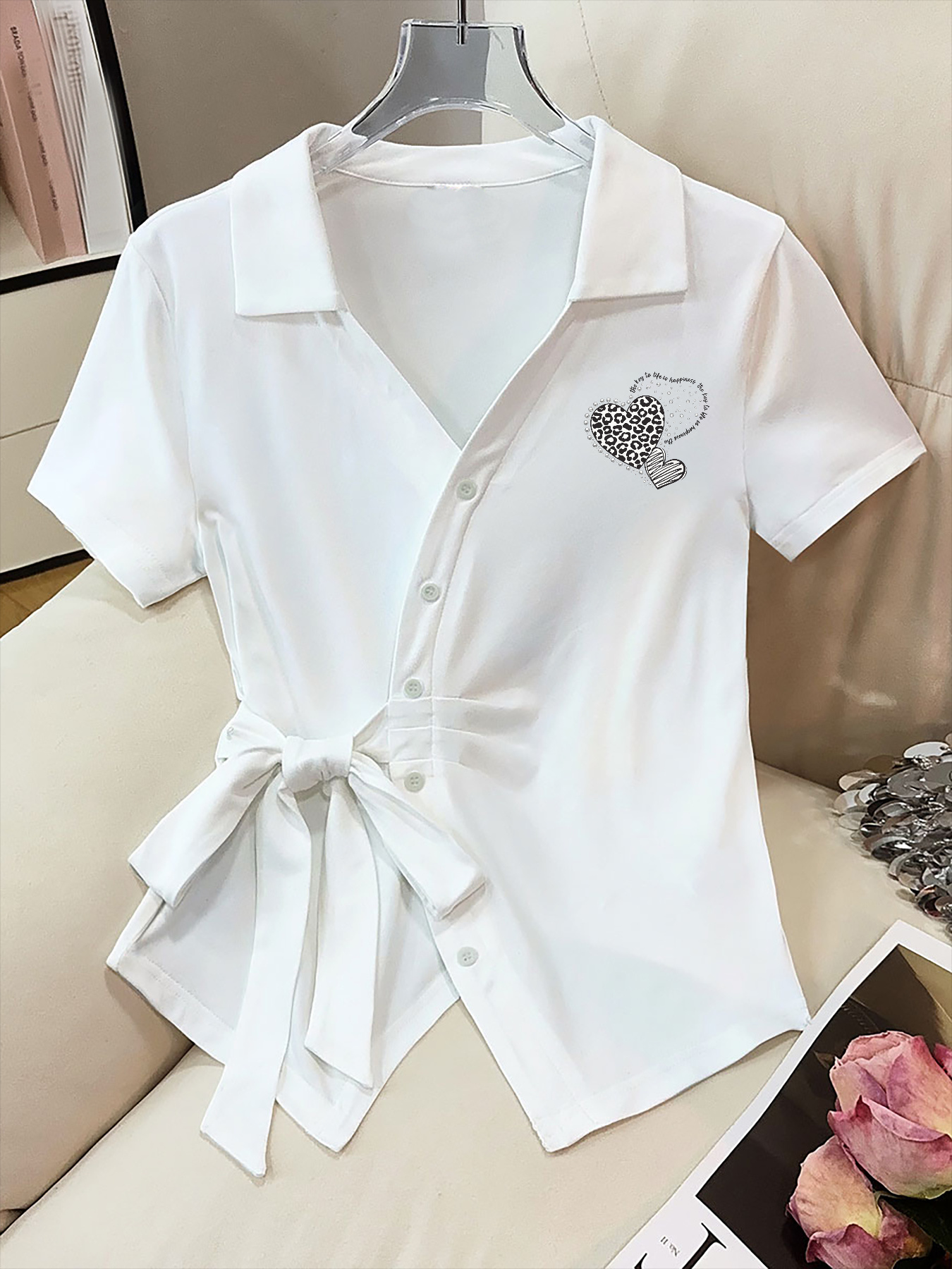 Women's White Short-Sleeve Button-Up Blouse Shirt with Belted Waist & -Neck - -Line -Fit Hem Top, Suitable for Casual Outings, Gym, Training | Elegant Summer Button-Front Design, Non- Blouse for Casual Attire