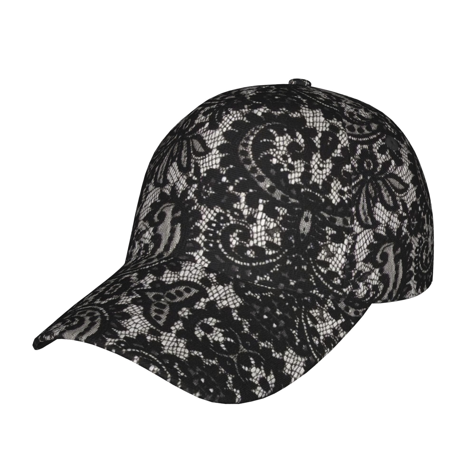 TEMU Black And White Paisley Lace Full Print Baseball Caps, Street Style Fashion Caps, Sports Outdoor Casual Caps, Sun Hats, Unisex Peaked Caps,