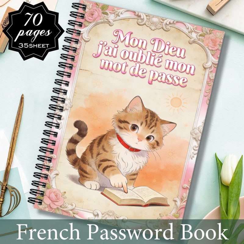 TEMU 1pc Cahier de de passe français | Organisateur de de passe sécurisé avec illustration de chaton , journal de de passe de style vintage pour