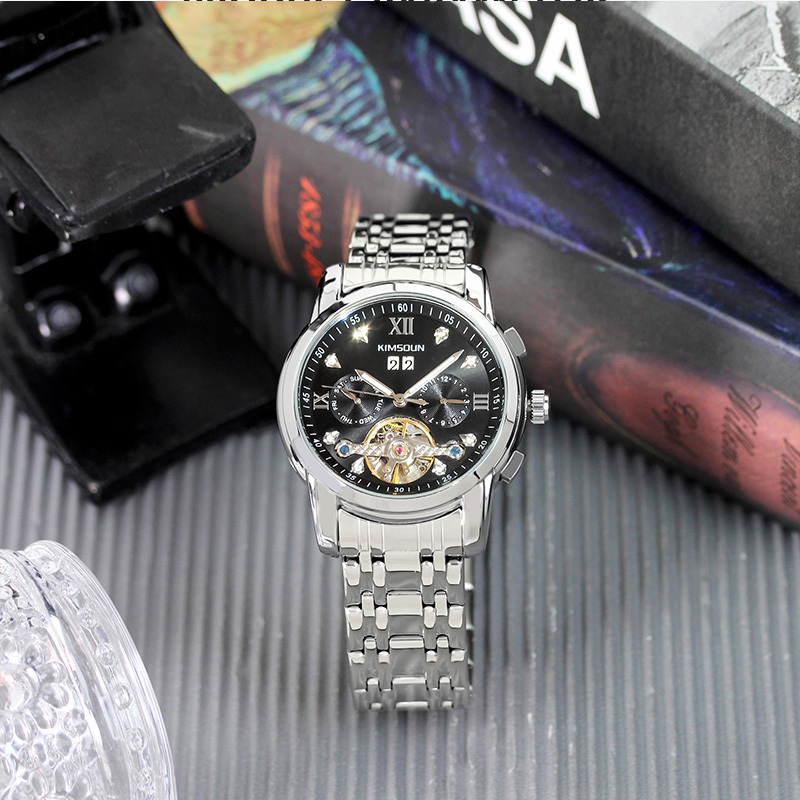 Image of 1pc A Stylish Men's Silvery And Black Fully Automatic Mechanical Watch, Suitable For Christmas, Thanksgiving, And Halloween, Without Battery