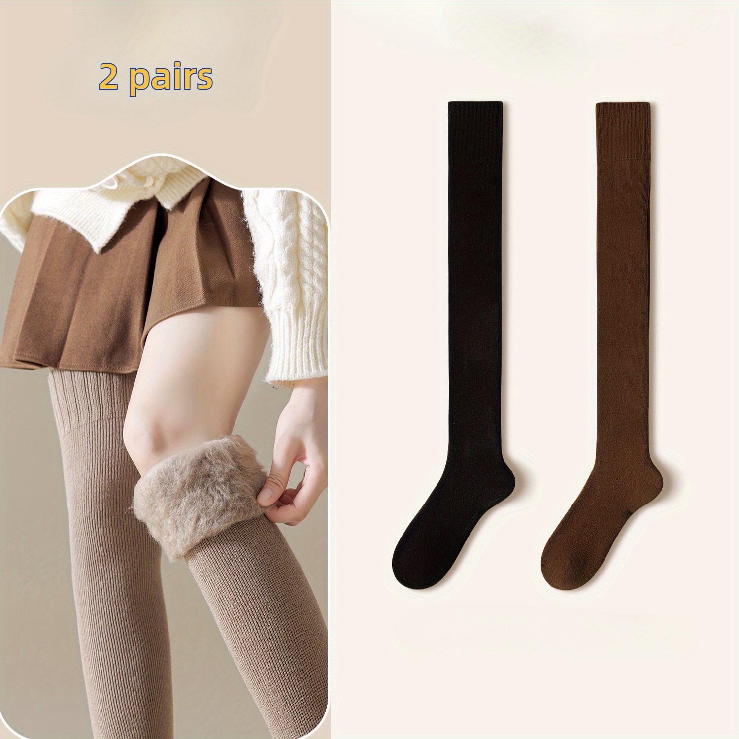 TEMU 2pcs Women's Cozy Knit Thigh-high Socks - Warm, Stretchy & Solid Color Over-the-knee Stockings For Fall/winter