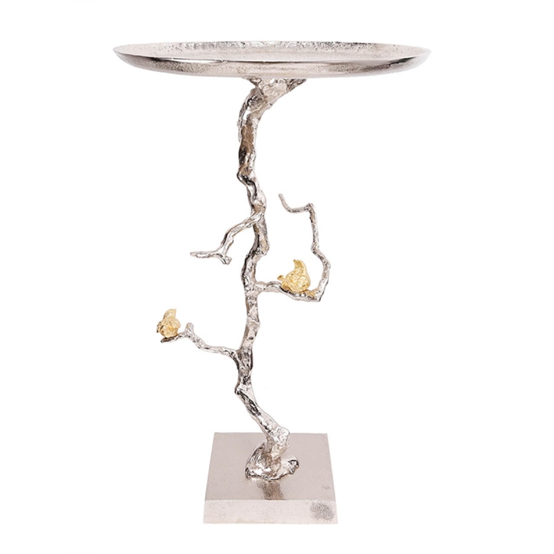 16.9x16.9x28' Round Aluminum Side Table with Sier Branch Design and Golden Bird Accents