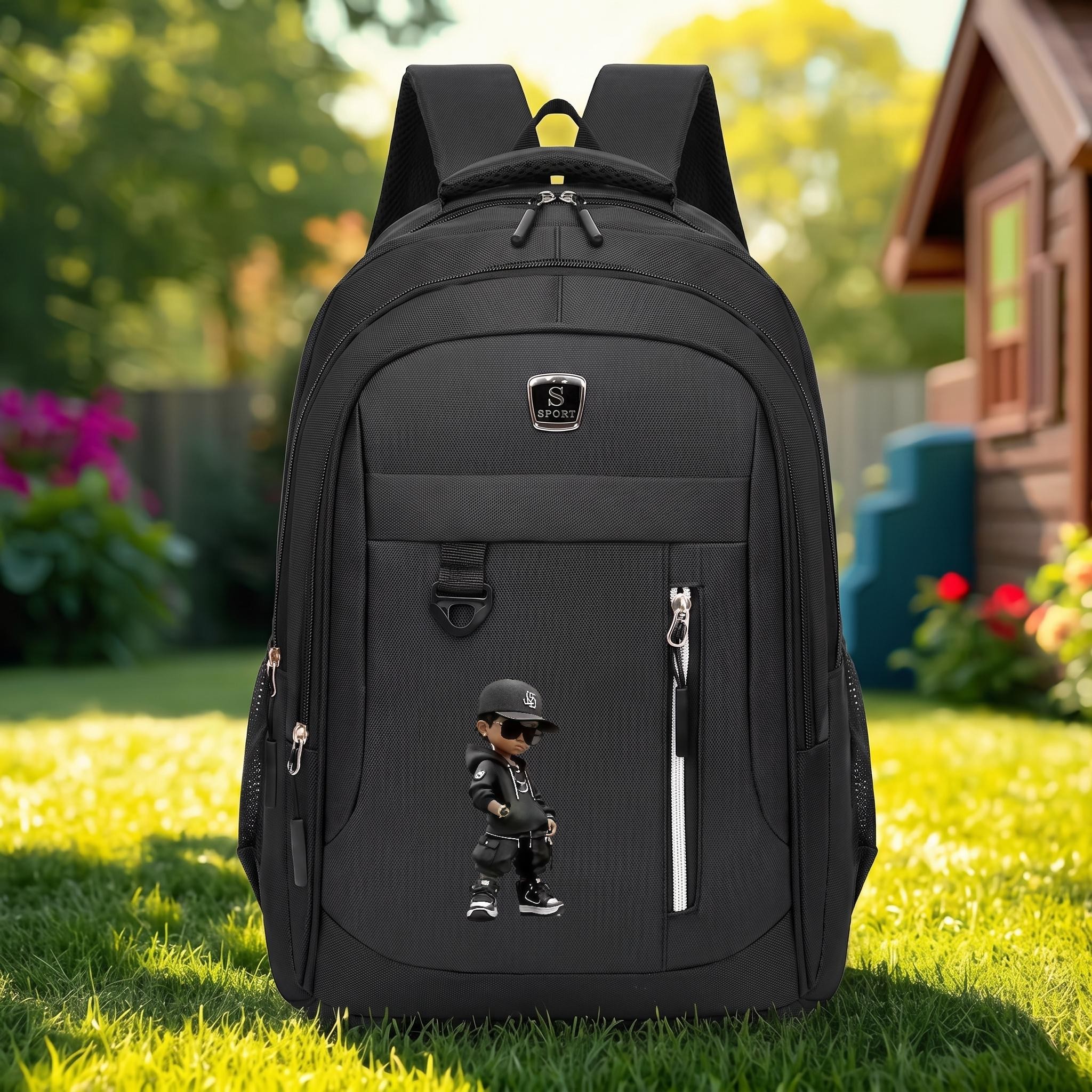 TEMU Black And White Hooded Cool Boy Backpack - Large Capacity With Laptop Compartment, Business Travel Backpack, Minimalist Style Gym Bag, ,