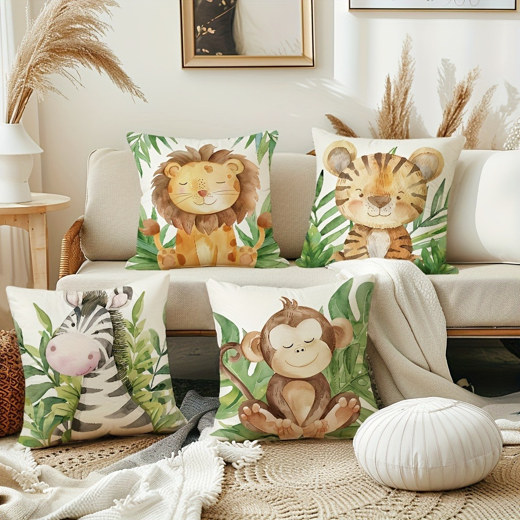 

4pcs Animal Print Pillow Covers, Hand Wash Only Polyester Cushion Cases With Zipper Closure, Woven Lion, Tiger, Zebra, Monkey Patterns For Home Decor, Bedroom Sofa Accent - No Insert