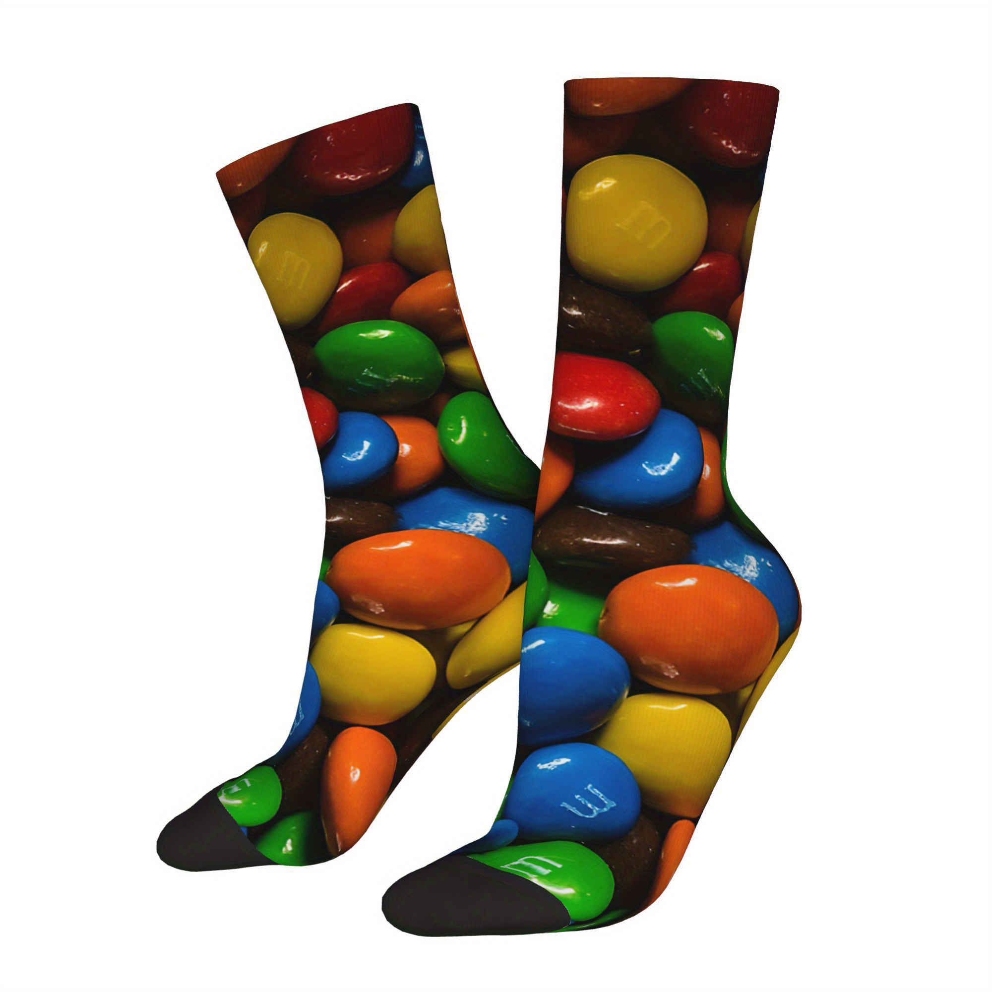 

1 Pair Novelty Crew Socks For Men With Candy-inspired Print, High-quality Polyester And Elastane , Knitted Fabric, Comfortable Fit, Hand Washable - Quirky Hip Hop Fun Socks For Casual Or Gift Use