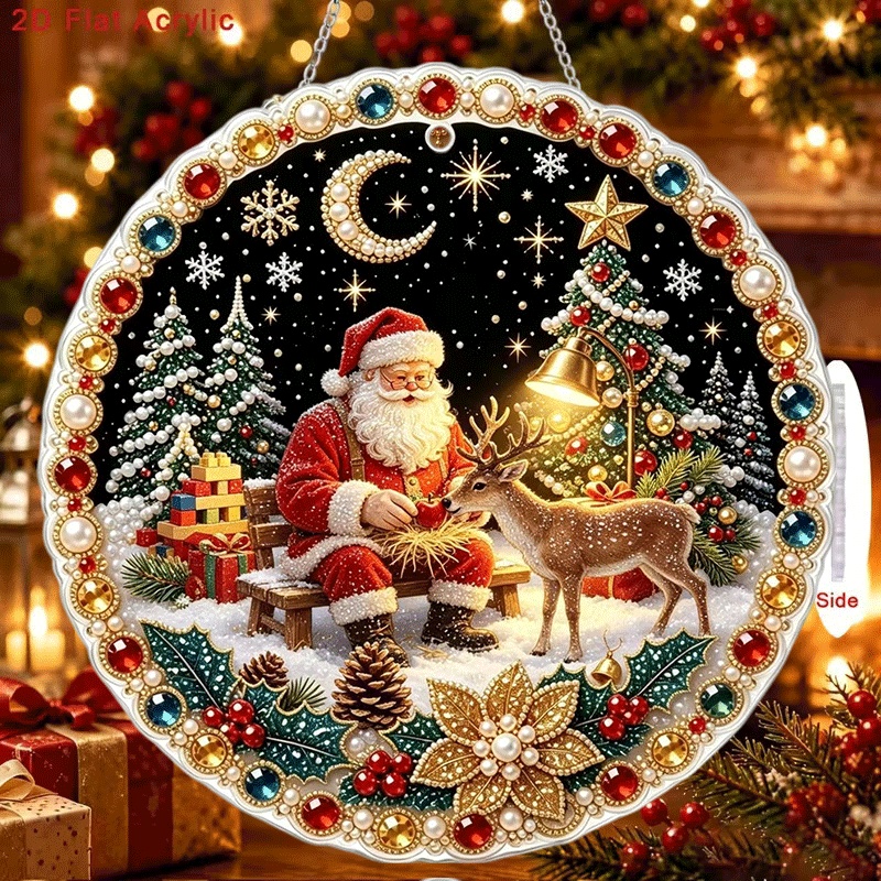 TEMU 1pc 2d Flat Printing And Diamond Pendant Santa Claus Feeding Reindeer Christmas Snow Scene Pearl And Diamond-encrusted Acrylic Hanging Ornament