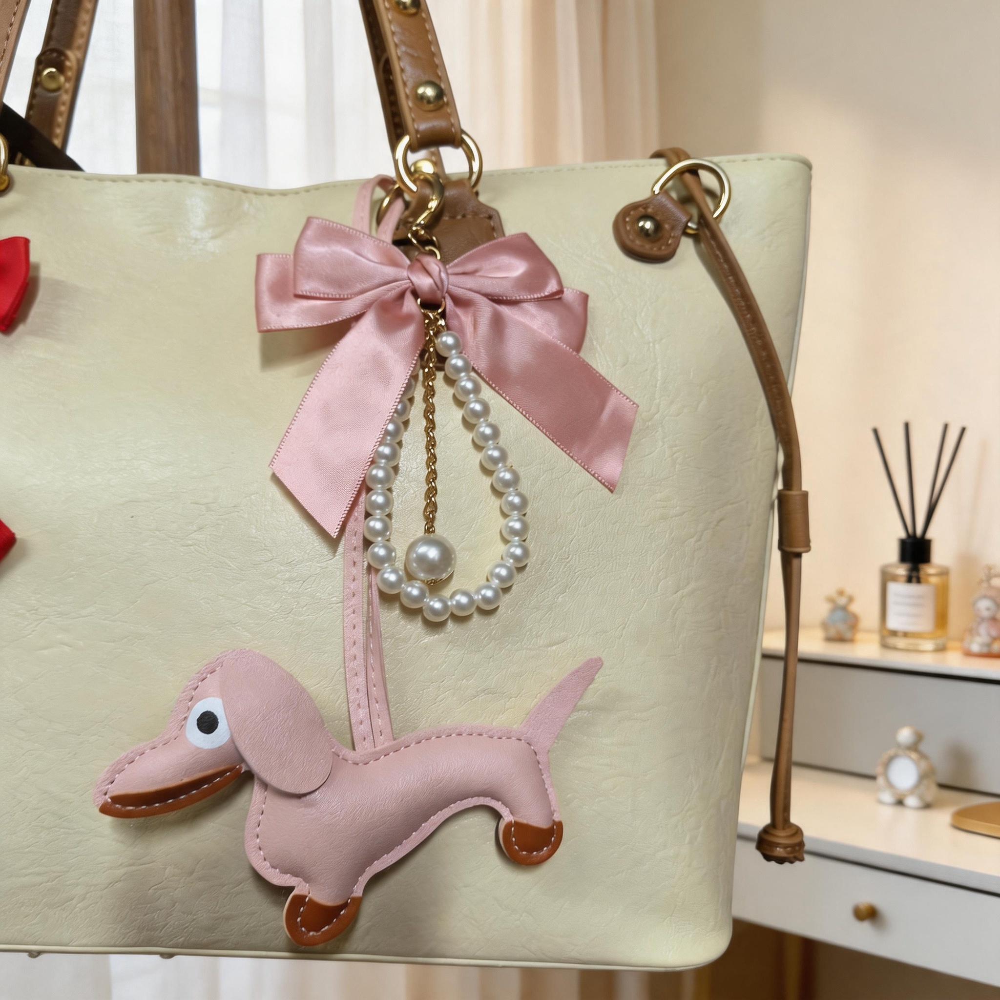 PU Dachshund Dog Bag Charm with Satin Bow
