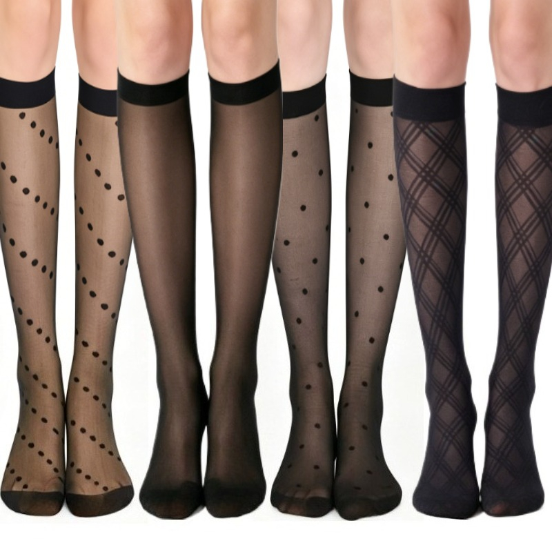 TEMU 4 Pairs Of Vintage Polka Dot High-waisted Calf-length Socks, Breathable Mesh Mid-calf Socks, Lightweight Long Socks For Women In Summer