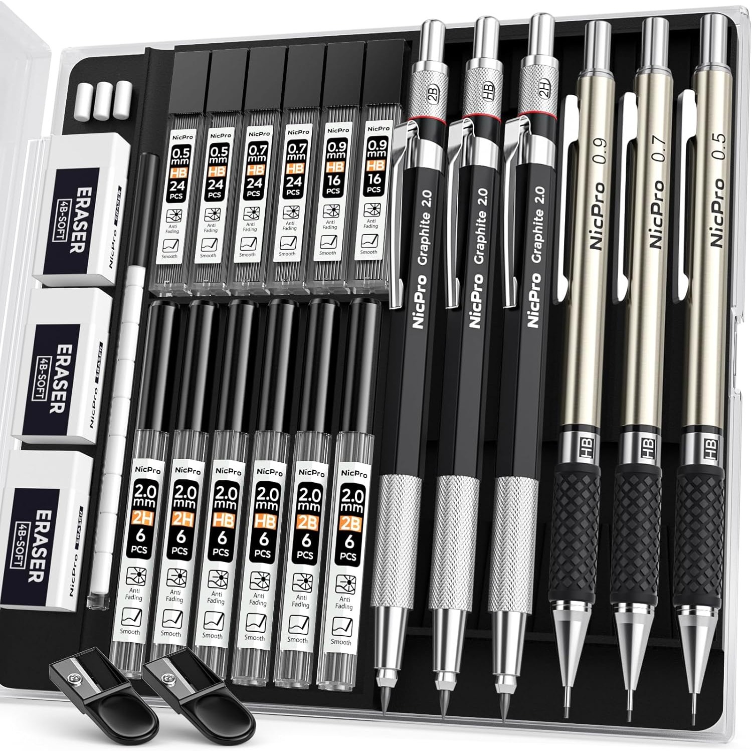 TEMU Lot de 6 porte- mécaniques avec 3 porte- 2 mm 2B HB 2H à poussoir pour crayons de dessin 0,5 0,7 0, et 12 recharges de mine en tube dans un étui