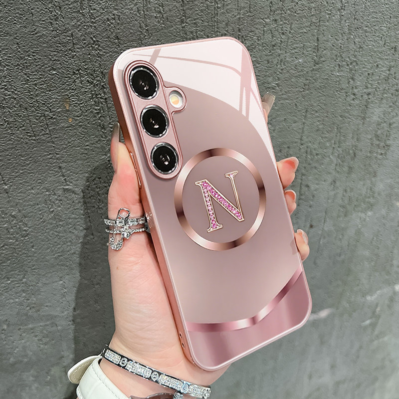 Etui za telefon - Vrhunski okrogli diamantni črka N vzorec stekleni etui za telefon Galaxy
