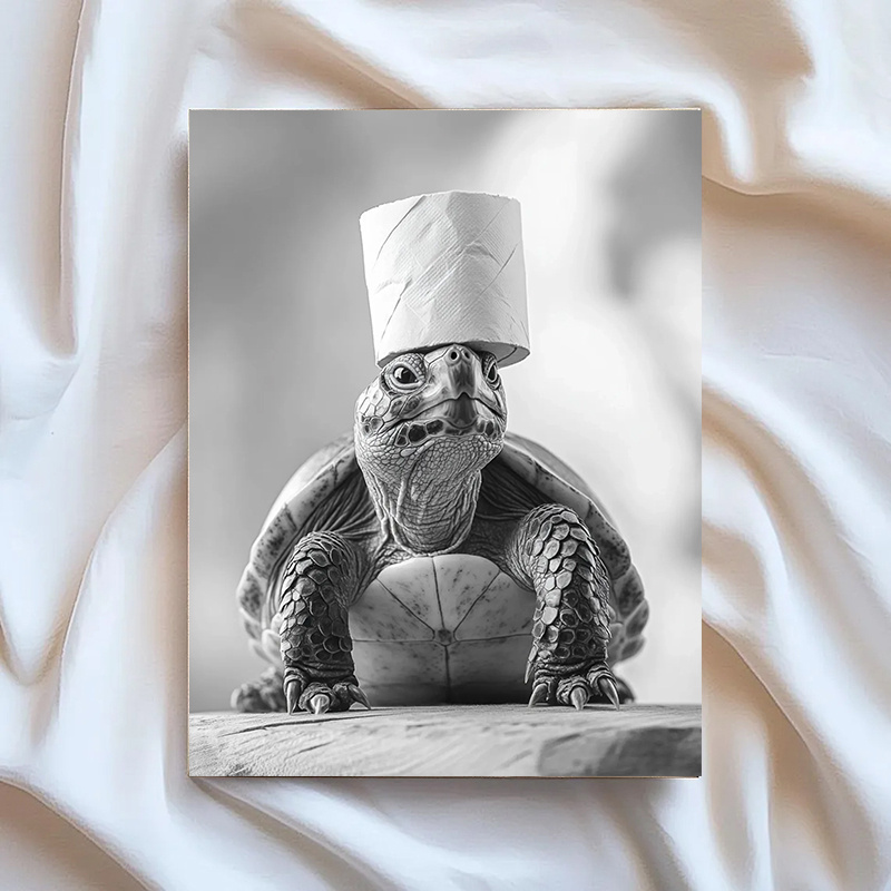 E-shop Verspielte Schildkröten- Leinwanddruck 12x16 Zoll - Humorvolles Tierfoto mit Toilettenpapierhut, Rahmenlose Moderne Bohème-Wanddekoration für