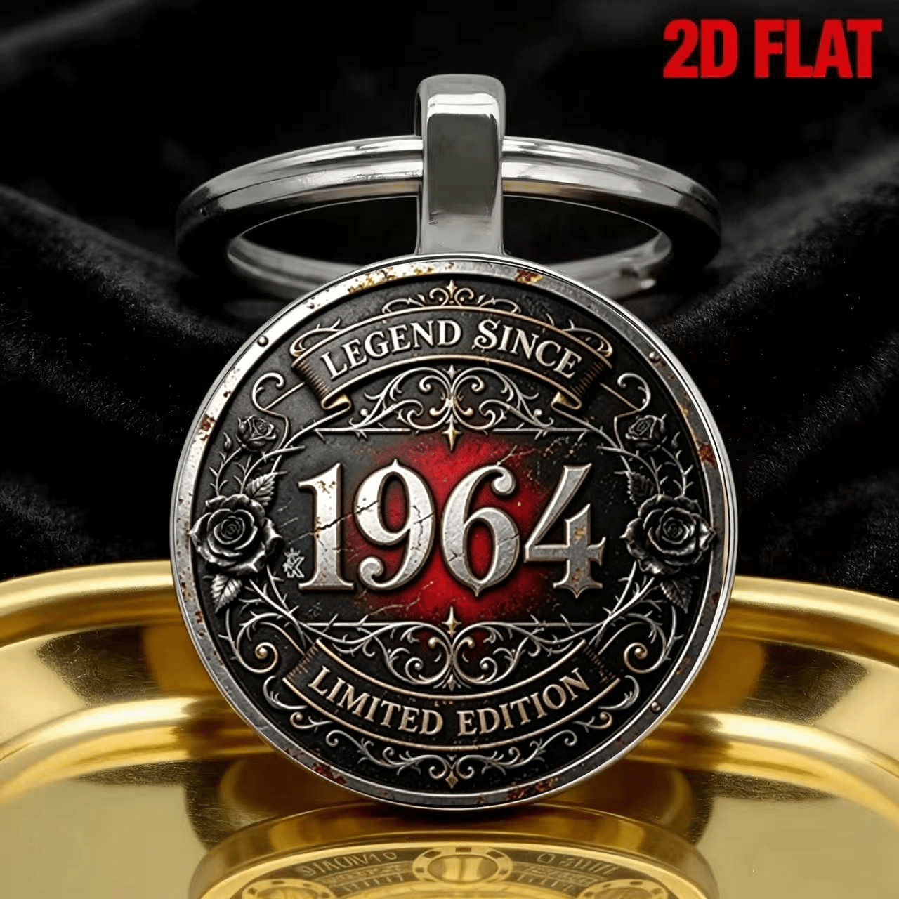 1964 Legend Continues! Retro Engraved Silvery Keychain, Roses Bloom Red And Black Collision, Edition - Is A Tempered By Time, Engraved With !
