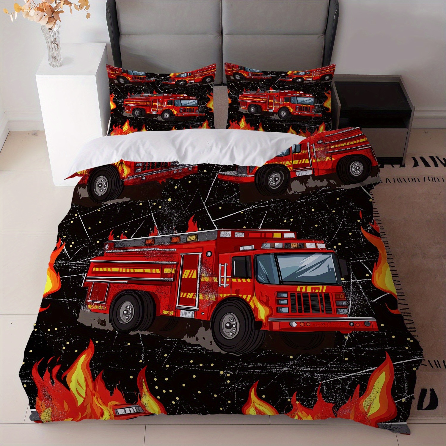 TEMU 3-teiliges Bettwäsche-Set mit schwarzem Hintergrund und roten Feuerwehrwagen-Motiven (Bettbezug und 2 Kissenbezüge, Füllung nicht enthalten),