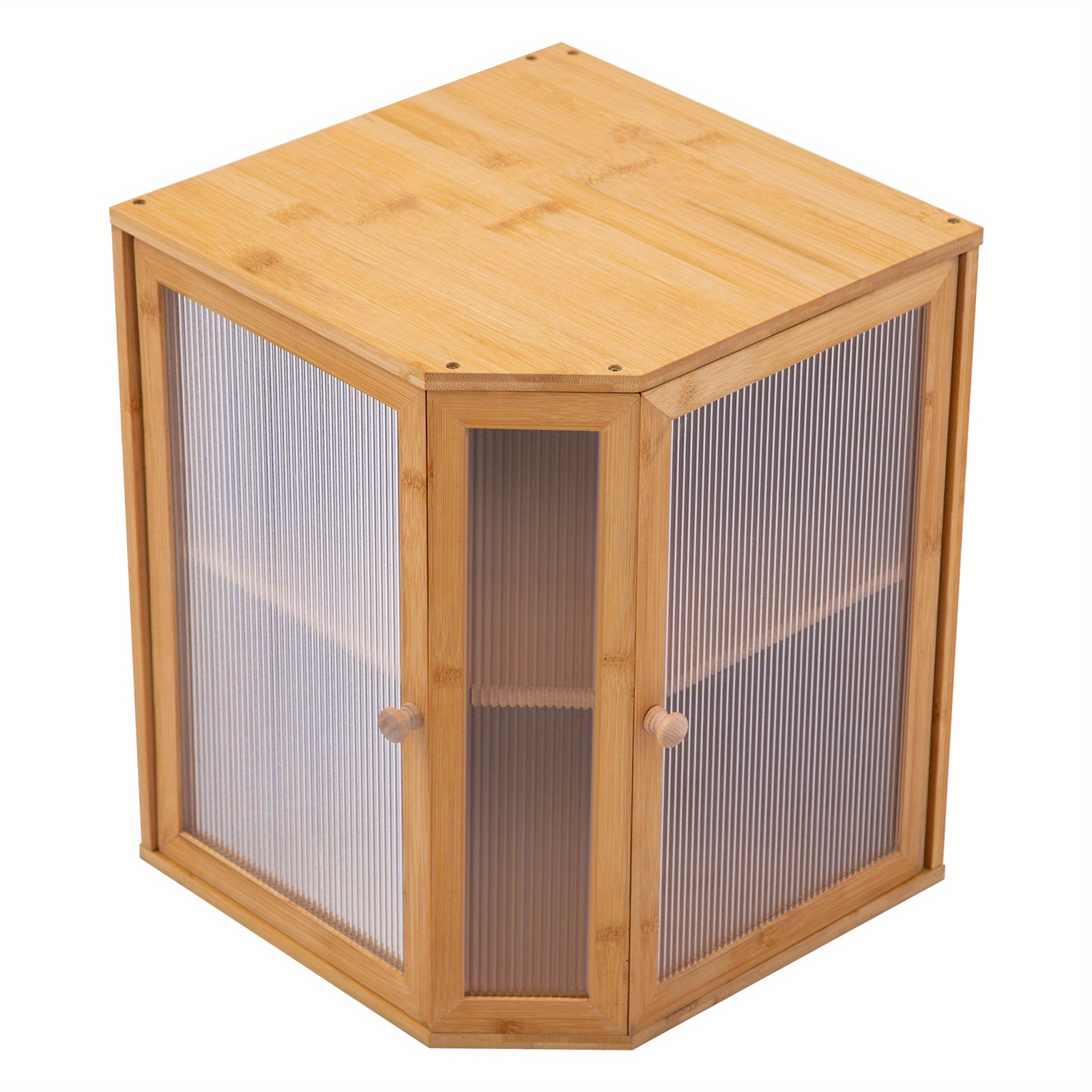 TEMU Boîte d'Angle en Bambou 2 Niveaux - Panier de Rangement Polyvalent Style Ferme avec Fenêtre et Portes en Acrylique , Organisateur pour Comptoir,