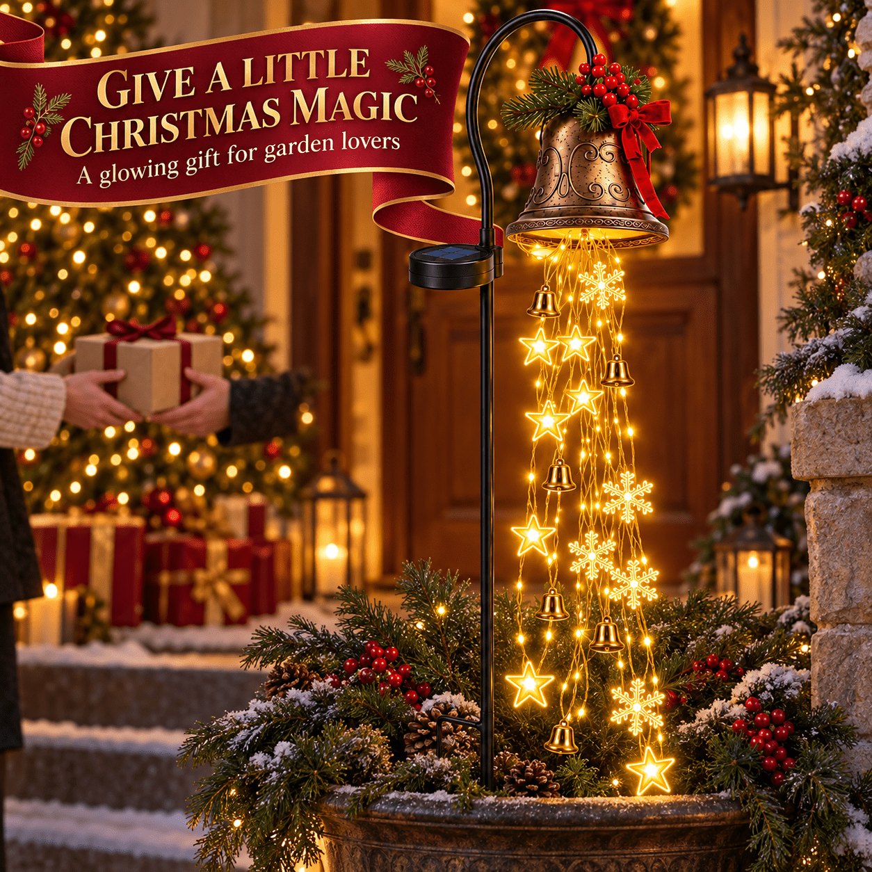 TEMU Outdoor Solar Christmas Bell Light, Decorative Star And Snowflake Fairy Strings With Warm , Bronze Tone Bell With Red Ribbon, Greenery And