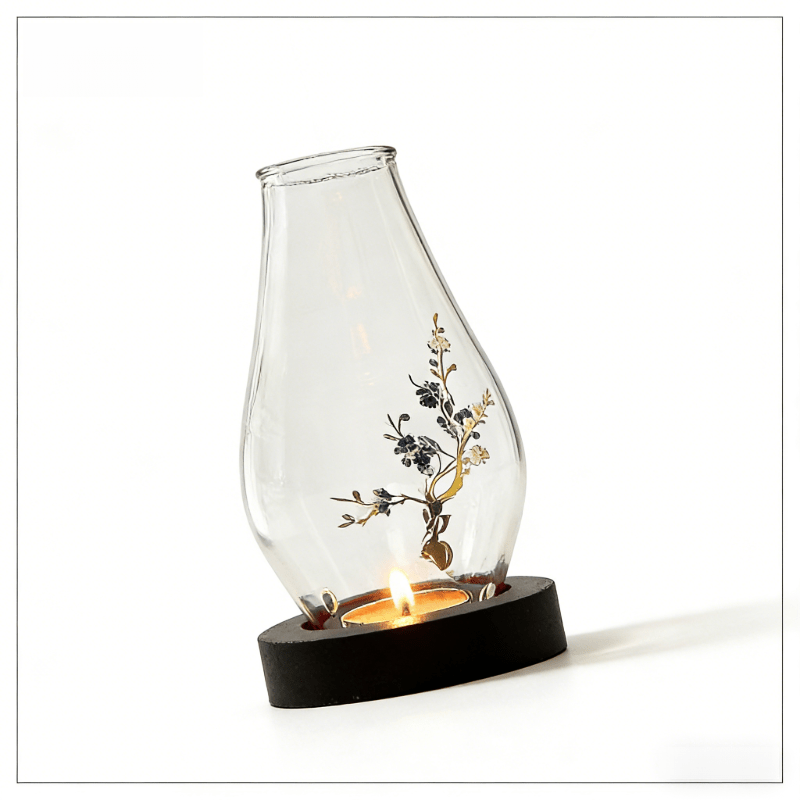 TEMU Decorative Candle Holder Set: Transparent Glass Body With Golden Plant Patterns   Black Wooden Base, Suitable For Home, Spa, , Or Festive Table