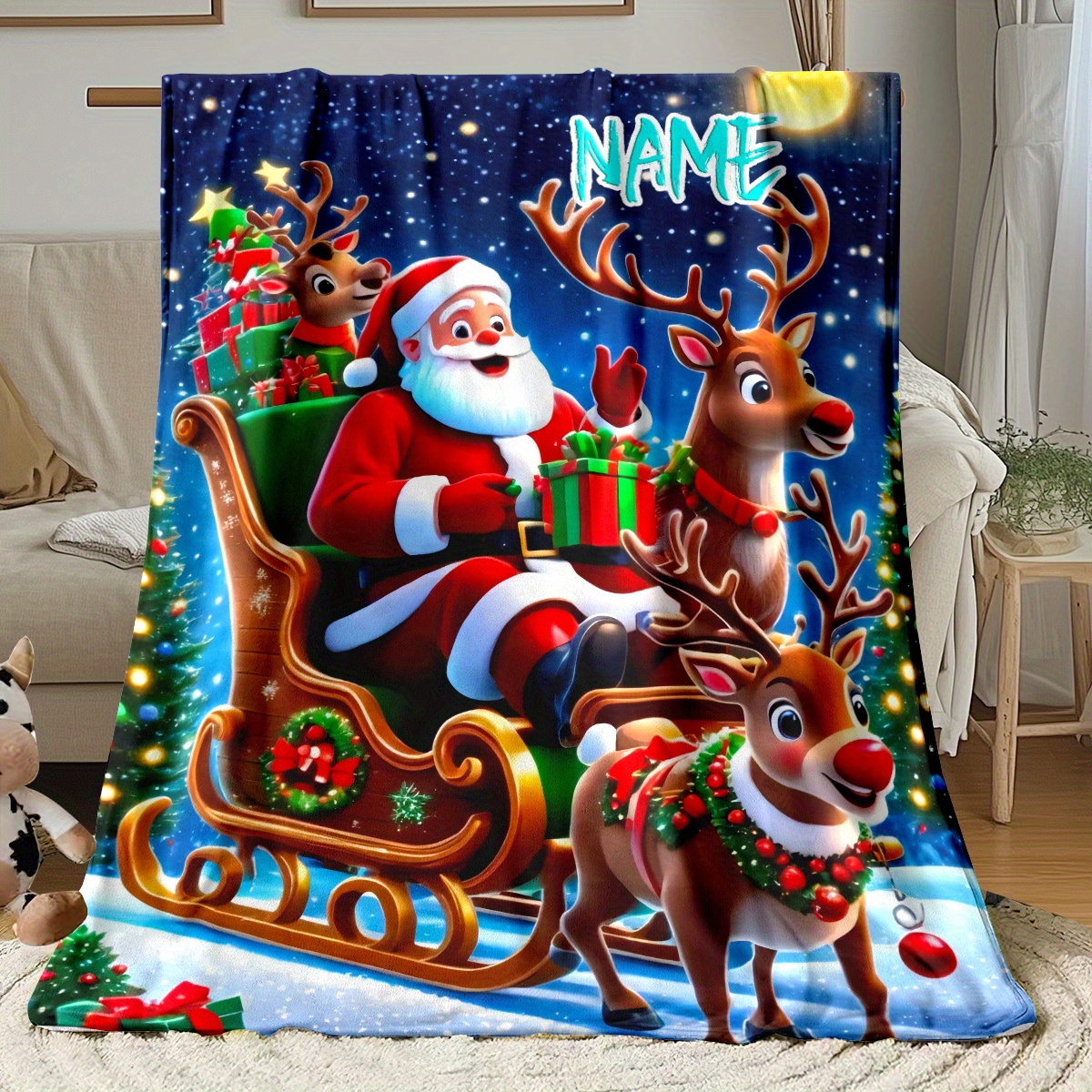 TEMU Customized Name/text Santa Claus And Deer, Suitable For Sofa, Bedroom, Living Room, Outdoor, Camping, Hiking, , Office, Chair Printed Blanket,
