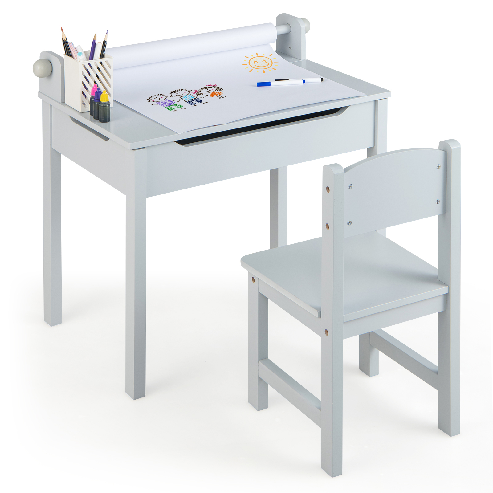 Image of Multi Activity Table With Chair | Kids Art And Crafts Table With Paper Roll Holder, Self-contained Storage, Free Paper Roll And Markers, Fiberboard And, Assembled By Goflame