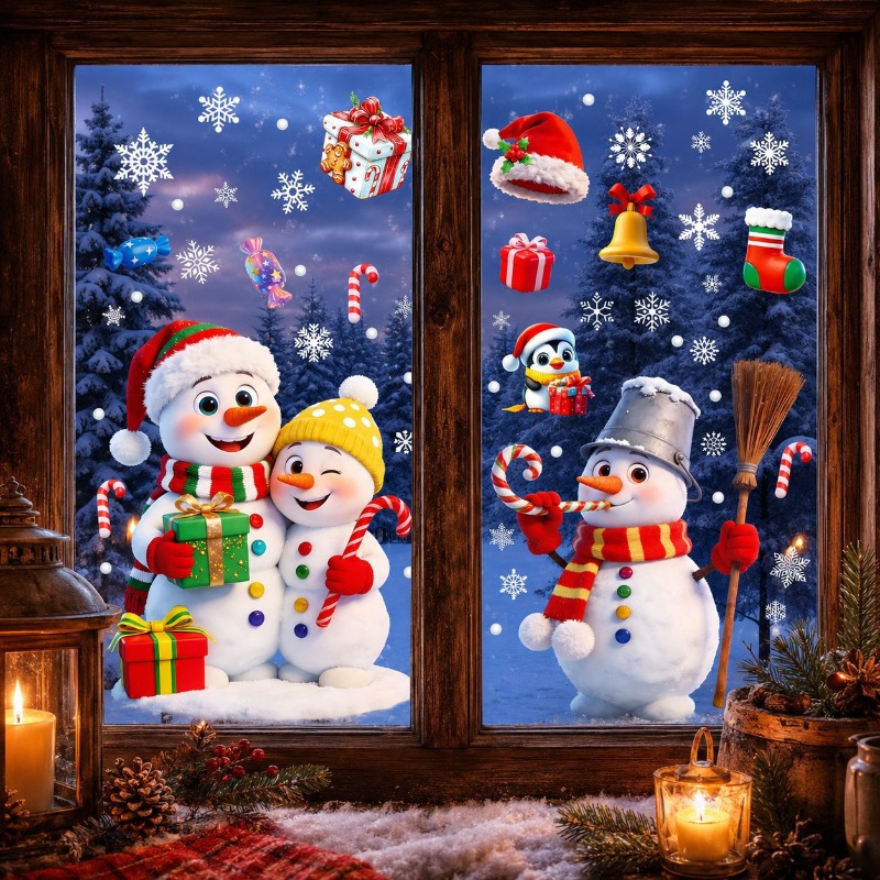 TEMU Ensemble d'autocollants de fenêtre de Noël, autocollants mignons de de neige et de Père Noël pour fenêtres en verre, autocollants statiques de