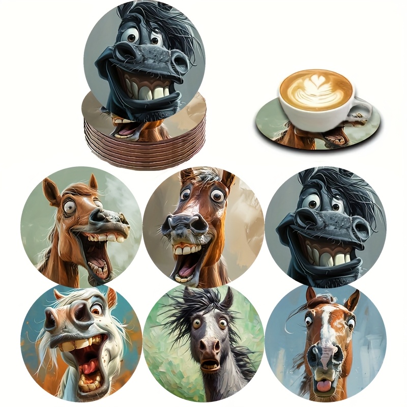 TEMU Lot de 6 dessous de verre en bois motif cheval , la voiture, la table basse - Porte-gobelets en bois avec imprimé cheval, protections pour