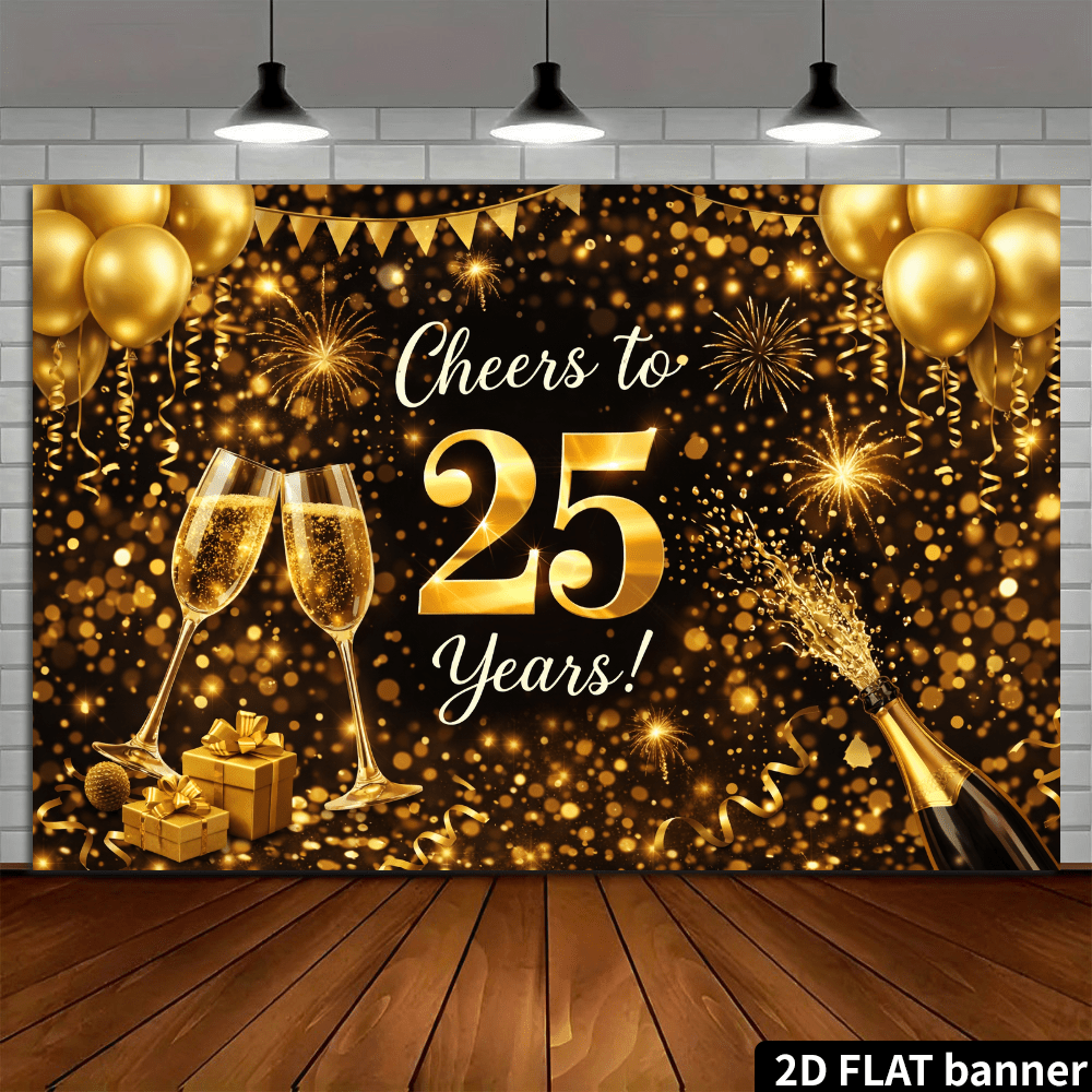 2d flach 25. jahrestag schwarz gold     hintergrund schwarz basis mit goldener zahl 25 und   elementen verziert mit  rgläsern,  , goldenen ballons