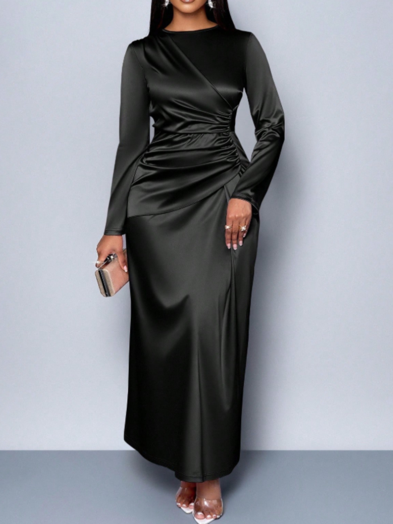 black banquet dresses Lace-Up Open-Back Long Black Prom Dress with Glitter Black / 2